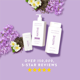 Native Lilac & White Tea product lineup with text reading “Over 150,000, 5-star reviews” and five stars