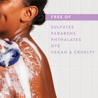 Person lathering in shower with text reading “Free of sulfates, parabens, phthalates, dye, vegan & cruelty free”