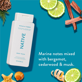 Native Ocean & Timber Body Wash promoting “Marine notes mixed with bergamot, cedarwood & musk”