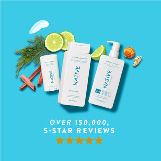 Native Ocean & Timber product lineup with text reading “Over 150,000, 5-star reviews” and five stars