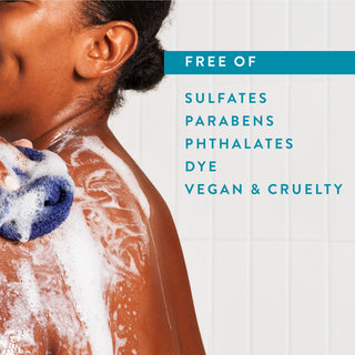 Person lathering in shower with text reading “Free of sulfates, parabens, phthalates, dye, vegan & cruelty free”