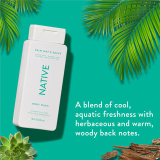 Native Palm Leaf & Agave Body Wash promoting “A blend of cool, aquatic freshness with herbaceous and warm, woody back notes”