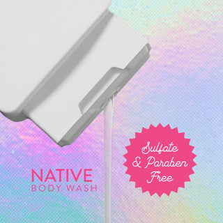 Native Piece of Cake Body Wash bottle pouring promoting "Sulfate & paraben free"