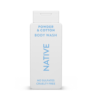 Native Powder & Cotton Body Wash with text reading “No Sulfates, Cruelty Free” on white bottle