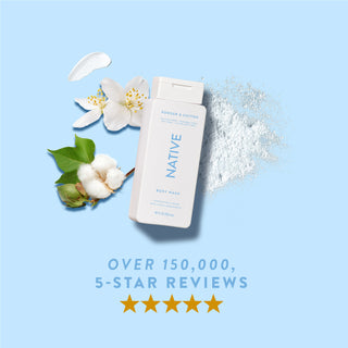 Native Powder & Cotton product lineup with text reading “Over 150,000, 5-star reviews” and five stars