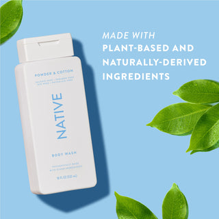 Native Powder & Cotton Body Wash with text reading “Made with plant-based and naturally-derived ingredients” next to green leaves