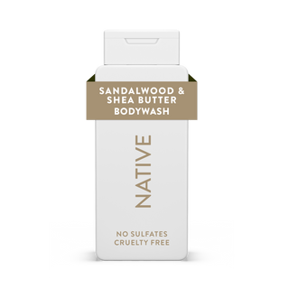 Native Sandalwood & Shea Butter Body Wash bottle with white packaging and brown text
