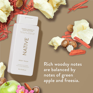 Native Sandalwood & Shea Butter Body Wash promoting “Rich woodsy notes are balanced by notes of green apple and freesia”