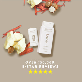 Native Sandalwood & Shea Butter product lineup with text reading “Over 150,000, 5-star reviews” and five stars