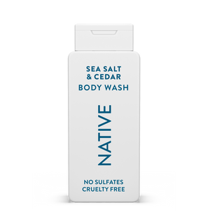 Native Sea Salt & Cedar Body Wash with text reading “No Sulfates, Cruelty Free” on white bottle