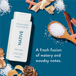 Native Sea Salt & Cedar Body Wash promoting “A fresh fusion of watery and woodsy notes”