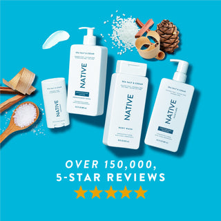Native Sea Salt & Cedar product lineup with text reading “Over 150,000, 5-star reviews” and five stars