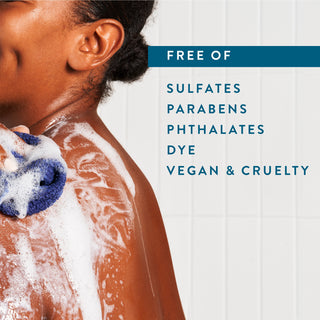 Person lathering in shower with text reading “Free of sulfates, parabens, phthalates, dye, vegan & cruelty free”