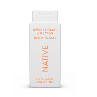 Native Sweet Peach & Nectar Body Wash with text reading “No Sulfates, Cruelty Free” on white bottle