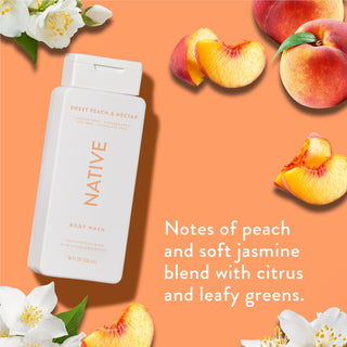 Native Sweet Peach & Nectar Body Wash promoting “Notes of peach and soft jasmine blend with citrus and leafy greens”