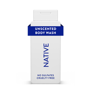 Native Unscented Body Wash bottle with white packaging and blue text
