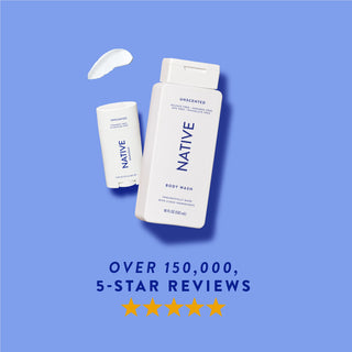 Native Unscented product lineup with text reading “Over 150,000, 5-star reviews” and five stars