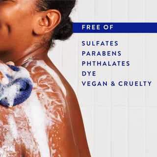 Person lathering in shower with text reading “Free of sulfates, parabens, phthalates, dye, vegan & cruelty free”