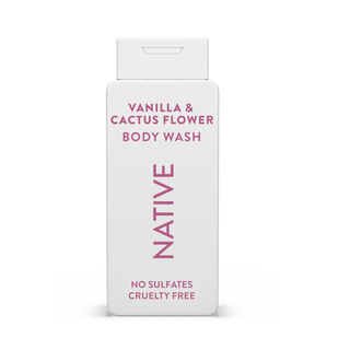 Native Vanilla & Cactus Flower Body Wash with text reading “No Sulfates, Cruelty Free” on white bottle