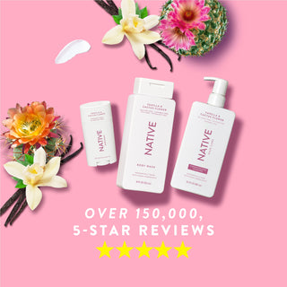 Native Vanilla & Cactus Flower product lineup with text reading “Over 150,000, 5-star reviews” and five stars