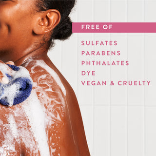 Person lathering in shower with text reading “Free of sulfates, parabens, phthalates, dye, vegan & cruelty free”