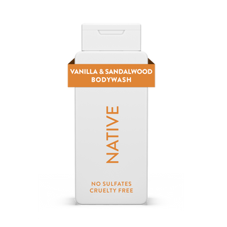 Native Vanilla & Sandalwood Body Wash bottle with white packaging and orange text