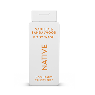 Native Vanilla & Sandalwood Body Wash with text reading “No Sulfates, Cruelty Free” on white bottle
