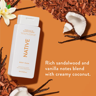 Native Vanilla & Sandalwood Body Wash promoting “Rich sandalwood and vanilla notes blend with creamy coconut”