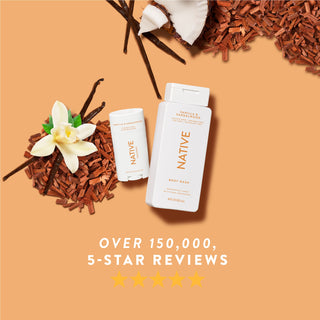 Native Vanilla & Sandalwood product lineup with text reading “Over 150,000, 5-star reviews” and five stars