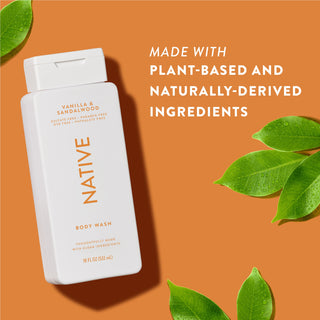 Native Vanilla & Sandalwood Body Wash with text reading “Made with plant-based and naturally-derived ingredients” next to green leaves