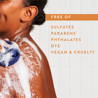 Person lathering in shower with text reading “Free of sulfates, parabens, phthalates, dye, vegan & cruelty free”