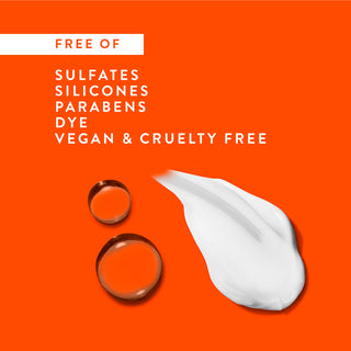 Drops of water and conditioner smear with text reading “Free of sulfates, silicones, parabens, dye, vegan & cruelty free”