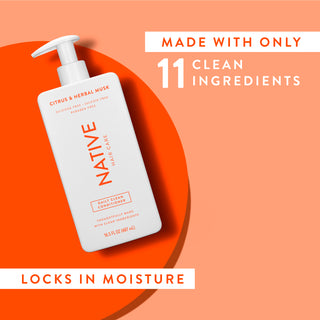 Native Citrus & Herbal Musk Daily Clean Conditioner with text reading “Made with only 11 clean ingredients” and “Locks in moisture”