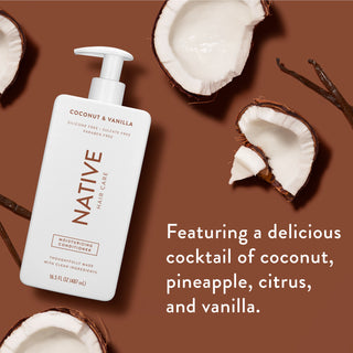 Native Moisturizing Conditioner with text “Featuring a delicious cocktail of coconut, pineapple, citrus, and vanilla”