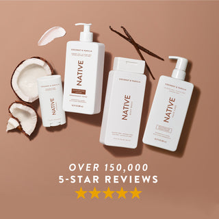 Native Coconut & Vanilla product collection with text reading “Over 150,000, 5-star reviews” and five yellow stars