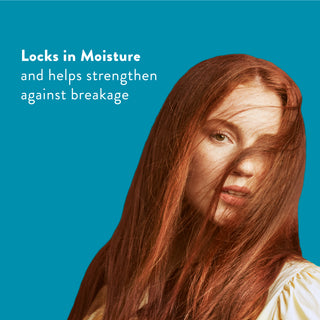 Woman with long red hair with text reading “Locks in moisture and helps strengthen against breakage”