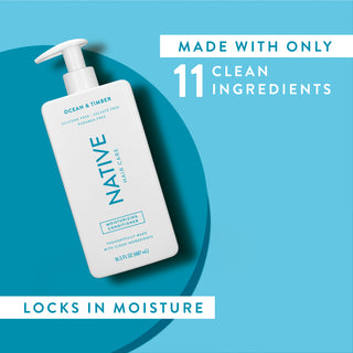 Native Ocean & Timber Moisturizing Conditioner with text reading “Made with only 11 clean ingredients” and “Locks in moisture”