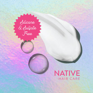 Drops of water and conditioner smear with text reading “Silicone & sulfate free”