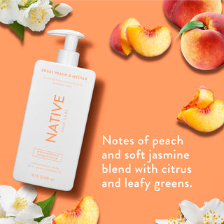 Native Moisturizing Conditioner with text “Notes of peach and soft jasmine blend with citrus and leafy greens”