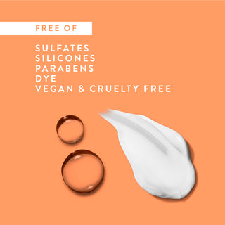 Drops of water and conditioner smear with text reading “Free of sulfates, silicones, parabens, dye, vegan & cruelty free”