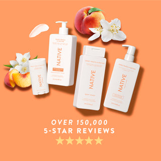 Native Sweet Peach & Nectar product collection with text reading “Over 150,000, 5-star reviews” and five yellow stars