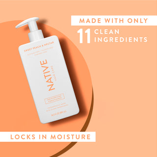 Native Sweet Peach & Nectar Moisturizing Conditioner with text reading “Made with only 11 clean ingredients” and “Locks in moisture”
