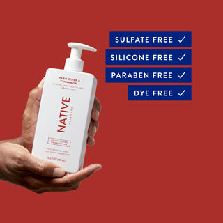 Hand holding Native Warm Cider & Cinnamon Moisturizing Conditioner  with text "Sulfate free, silicone free, paraben free, dye free"
