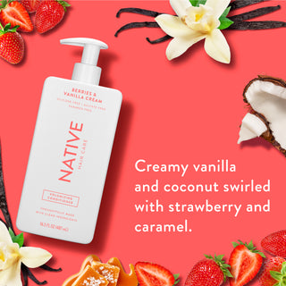 Native Volumizing Conditioner with text “Creamy vanilla and coconut swirled with strawberry and caramel”