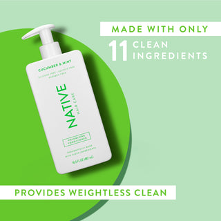 Native Cucumber & Mint Volumizing Conditioner with text reading “Made with only 11 clean ingredients” and “Locks in moisture”
