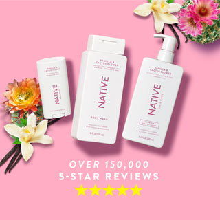 Native Vanilla & Cactus Flower product collection with text reading “Over 150,000, 5-star reviews” and five yellow stars
