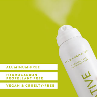 Native spray deodorant with text saying "aluminum-free, hydrocarbon propellant free , vegan & cruelty-free"