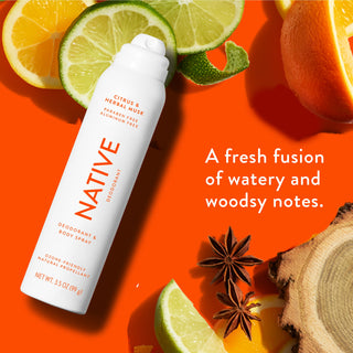 Native deodorant with text saying "A fresh fusion of watery and woodsy notes", styled with lemon, orange slices and wood slices			