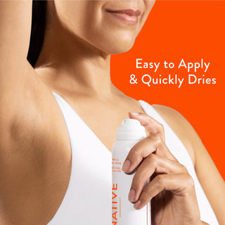 Person applying Native deodorant under arm with text reading Easy to apply & quickly dries