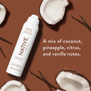 Native deodorant with text saying "A mix of coconut, pineapple, citrus, and vanilla notes", styled with coconuts and vanilla sticks